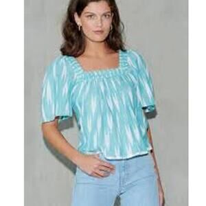 Saylor Masika Short Sleeve Square Neck Cotton Gauze Top M Teal Ikat Boho Indie